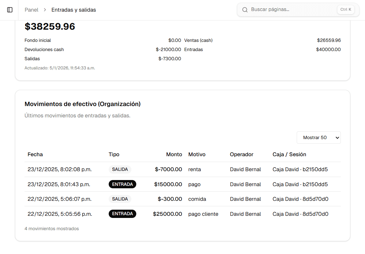 Entradas y salidas de efectivo en Orbita POS