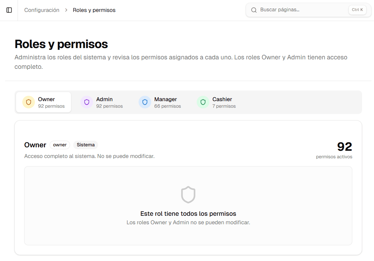 Pantalla de roles y permisos de Orbita POS