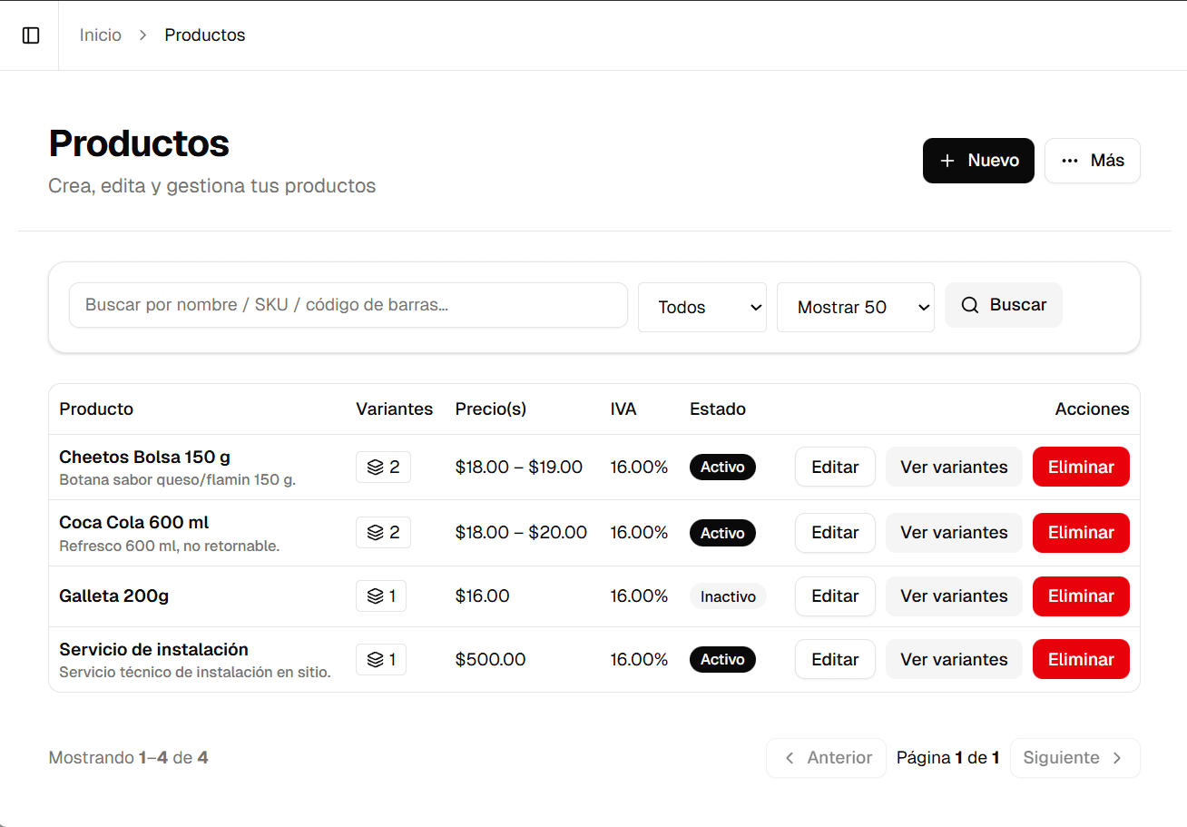 Catálogo de productos de Orbita POS